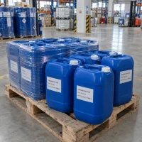 cinnamaldehyde-cas-104-55-2-blue-jerrycans-pallet Blue plastic jerrycans labeled Cinnamaldehyde CAS 104-55-2 on a wooden pallet in a warehouse, some shrink-wrapped, with racks and a forklift in the background.