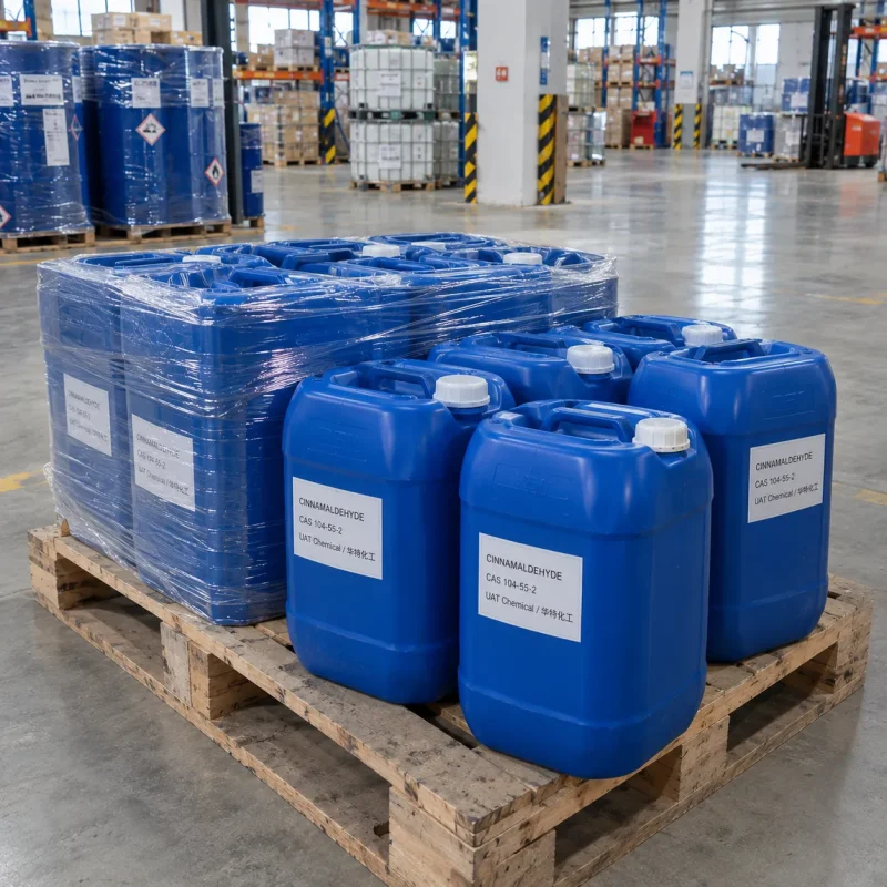cinnamaldehyde-cas-104-55-2-blue-jerrycans-pallet Blue plastic jerrycans labeled Cinnamaldehyde CAS 104-55-2 on a wooden pallet in a warehouse, some shrink-wrapped, with racks and a forklift in the background.
