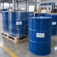 cinnamaldehyde-cas-104-55-2-blue-steel-drums-pallet Blue steel drums labeled Cinnamaldehyde CAS 104-55-2 on wooden pallets in a warehouse, some wrapped in stretch film, with a forklift and bagged stock behind.