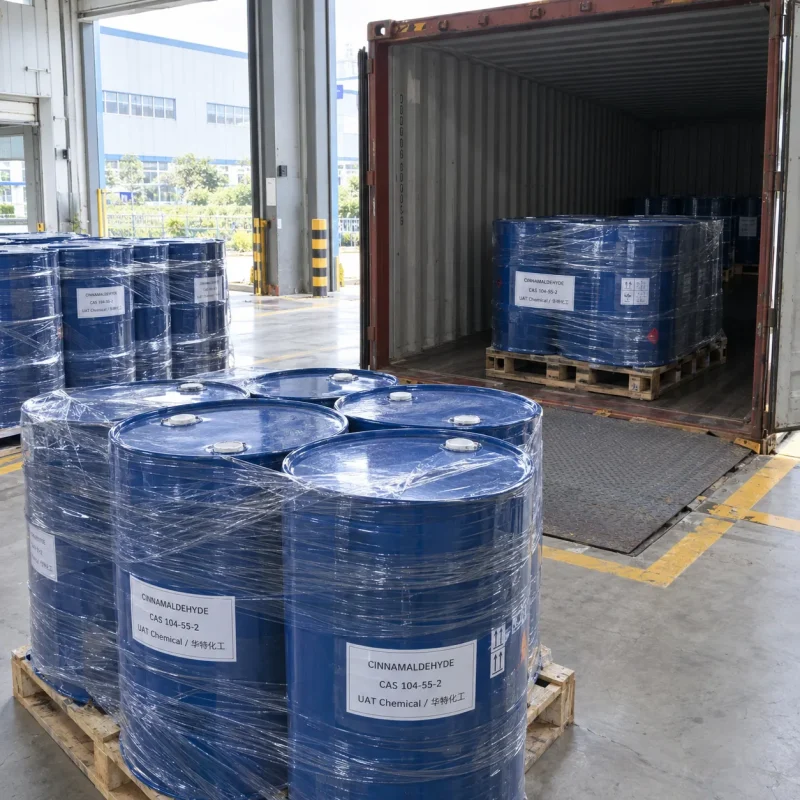 cinnamaldehyde-cas-104-55-2-drums-container-loading Shrink-wrapped blue steel drums of Cinnamaldehyde CAS 104-55-2 on pallets at a loading dock with a pallet of drums loaded inside a shipping container.