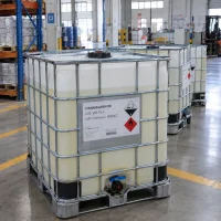 cinnamaldehyde-cas-104-55-2-ibc-tanks-warehouse IBC tanks filled with pale yellow Cinnamaldehyde liquid CAS 104-55-2 with corrosive and flammable hazard labels in a warehouse with racks and a forklift behind.