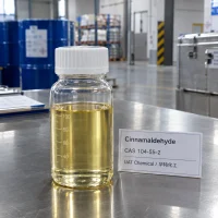 cinnamaldehyde-cas-104-55-2-yellow-liquid-sample-bottle Glass bottle of yellow Cinnamaldehyde liquid CAS 104-55-2 with a product label on a metal table in a warehouse with blue drums behind.