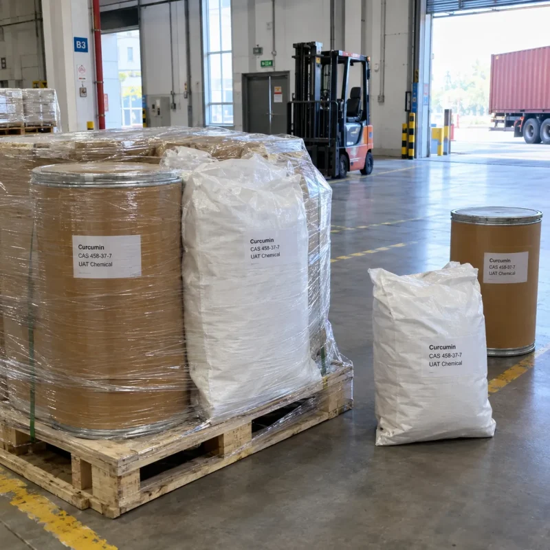 Pallet with shrink-wrapped fiber drums and white woven bags of Curcumin CAS 458-37-7 in a warehouse loading area with a forklift in the background.