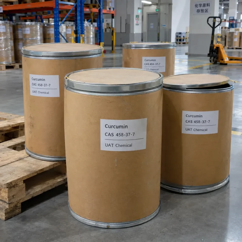 Several brown fiber drums of Curcumin CAS 458-37-7 stacked on a wooden pallet in a chemical warehouse storage area.