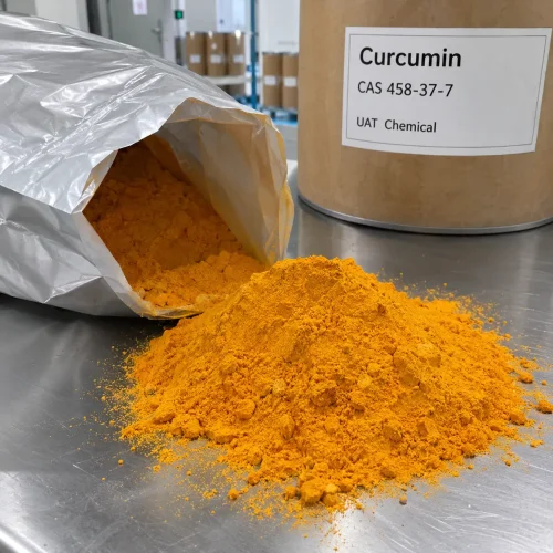 curcumin-cas-458-37-7-orange-powder-pile-fiber-drum Pile of orange Curcumin powder CAS 458-37-7 poured from a silver foil bag onto a stainless steel table, with a fiber drum in the background.