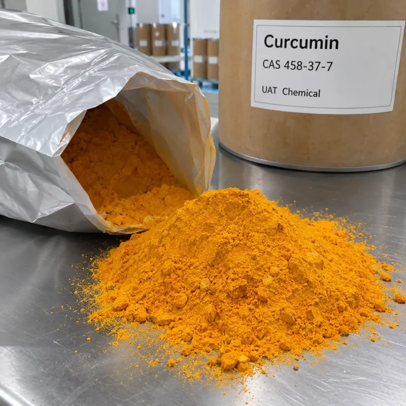 Pile of orange Curcumin powder CAS 458-37-7 poured from a silver foil bag onto a stainless steel table, with a fiber drum in the background.