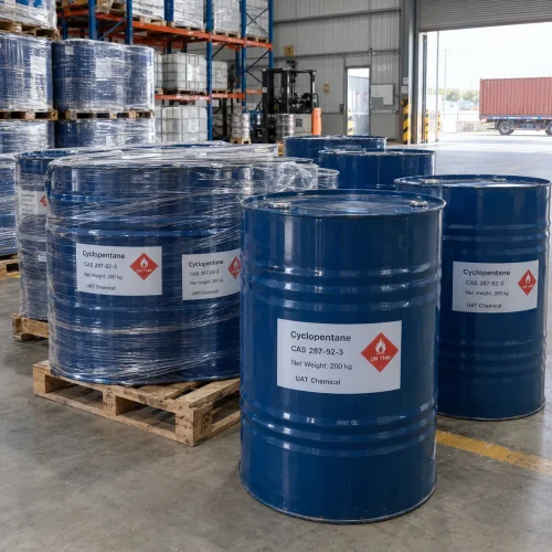 cyclopentane-cas-287-92-3-200kg-blue-steel-drums-warehouse Blue steel drums of cyclopentane (CAS 287-92-3), net weight 200 kg per drum, palletized and shrink-wrapped, stored in a warehouse with UN 1146 flammable liquid labels