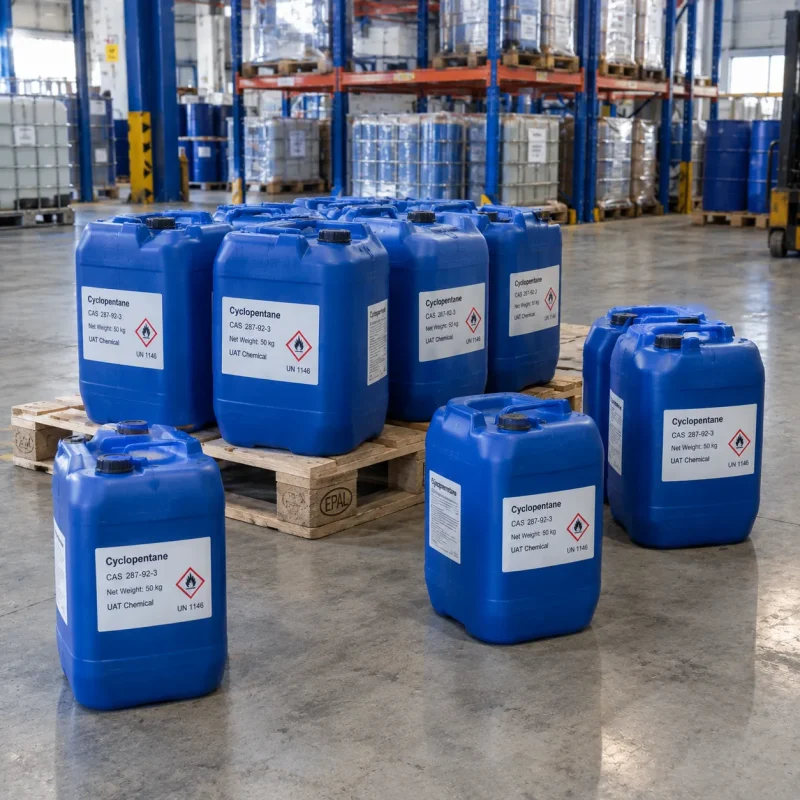 cyclopentane-cas-287-92-3-50kg-blue-plastic-drums-packaging Blue plastic jerrycan drums of cyclopentane (CAS 287-92-3), net weight 50 kg each, labeled with UN 1146 flammable liquid symbol, arranged on wooden pallets in a warehouse