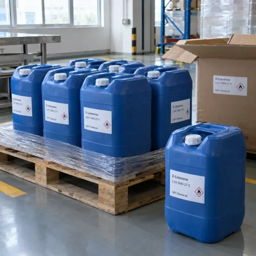 d-limonene-cas-5989-27-5-blue-plastic-drums-pallet D-Limonene CAS 5989-27-5 in blue plastic jerrican drums shrink-wrapped on wooden pallet in warehouse