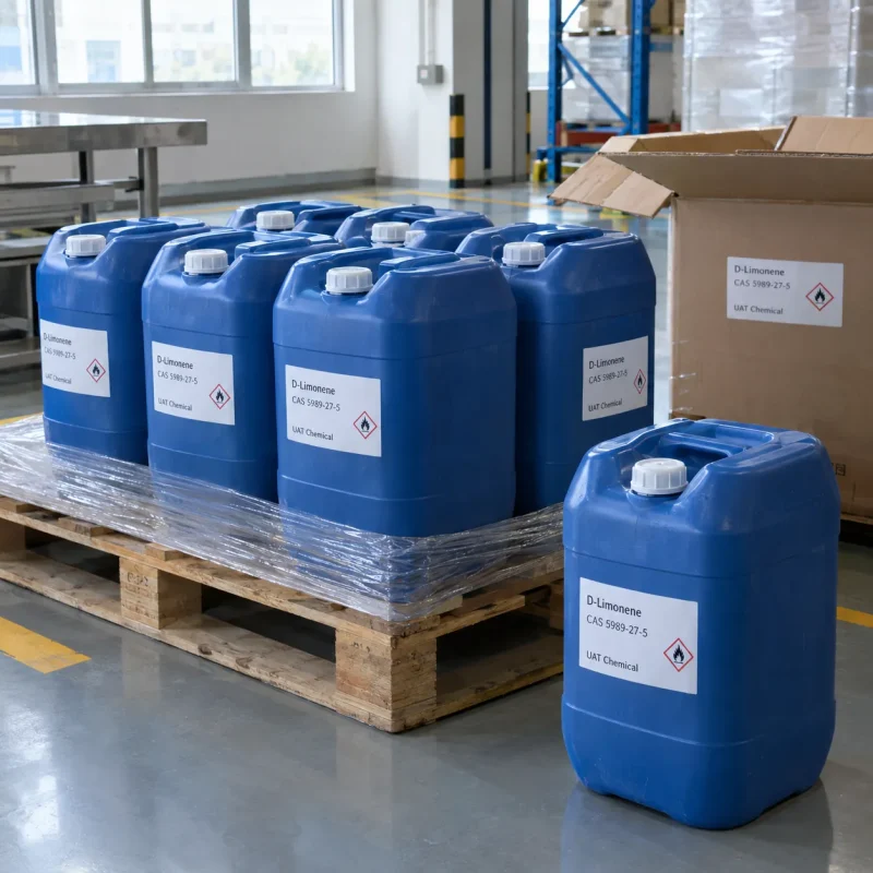 d-limonene-cas-5989-27-5-blue-plastic-drums-pallet D-Limonene CAS 5989-27-5 in blue plastic jerrican drums shrink-wrapped on wooden pallet in warehouse