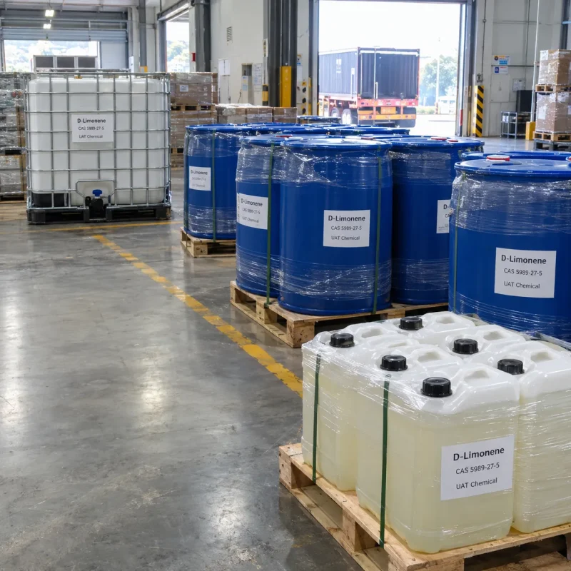 d-limonene-cas-5989-27-5-ibc-drums-jerricans-dock D-Limonene CAS 5989-27-5 in IBC tote, blue plastic drums and white jerricans near warehouse loading dock
