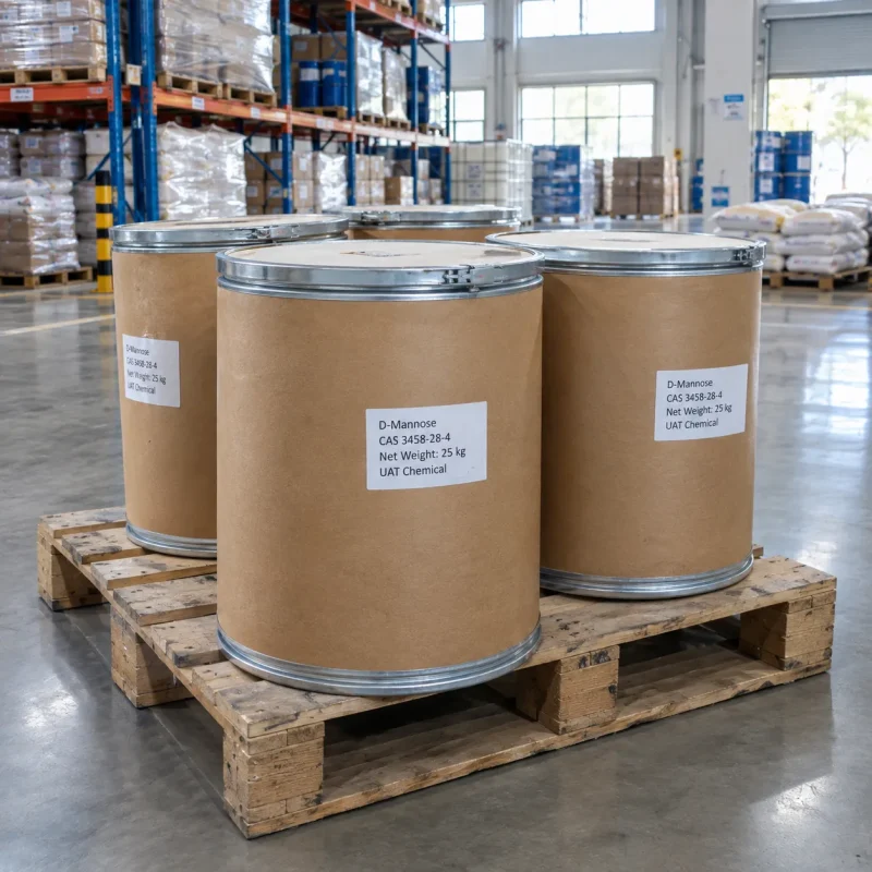 Several 25kg fiber drums of D-Mannose CAS 3458-28-4 on a wooden pallet in a warehouse storage area.