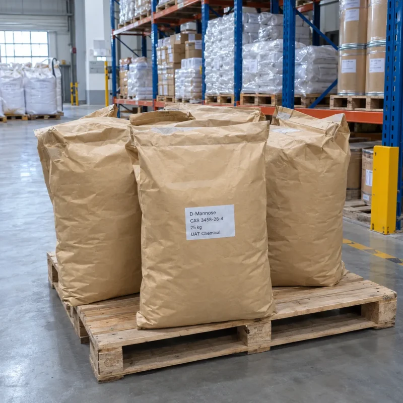 Stacked 25kg brown paper bags of D-Mannose CAS 3458-28-4 on a wooden pallet in a warehouse aisle.