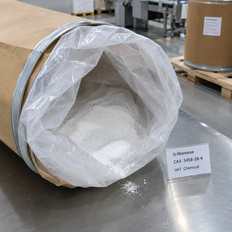 Open fiber drum showing white D-Mannose powder CAS 3458-28-4 with a product label on a stainless steel table.