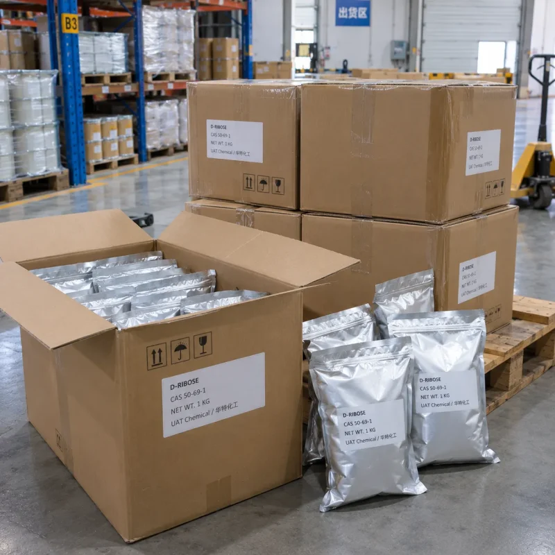 Open carton of 1kg silver foil bags of D-Ribose CAS 50-69-1 with stacked cartons on a pallet in a warehouse shipping area.