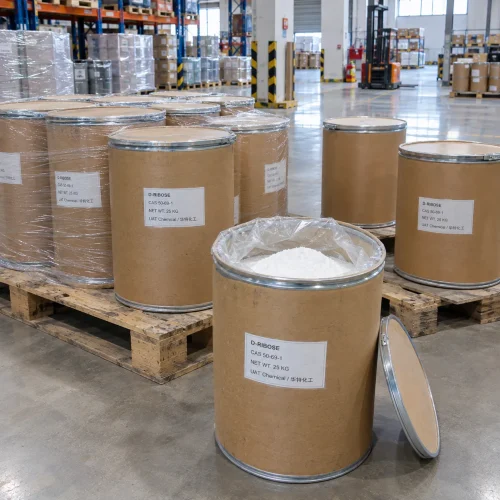 d-ribose-cas-50-69-1-white-powder-open-fiber-drum Open fiber drum showing white D-Ribose powder CAS 50-69-1 with its lid beside, among stacked 25kg drums on pallets in a warehouse with a forklift behind.