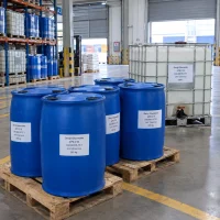 Decyl glucoside (APG C10, CAS 68515-73-1) liquid in 1000 L white IBC tote tanks with discharge valves in warehouse