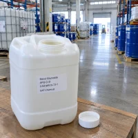 Decyl glucoside (APG C10, CAS 68515-73-1) liquid in an open white plastic canister with cap beside it on a table