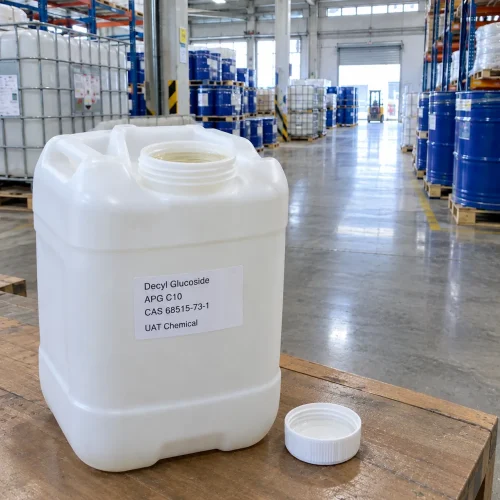 Decyl glucoside (APG C10, CAS 68515-73-1) liquid in an open white plastic canister with cap beside it on a table