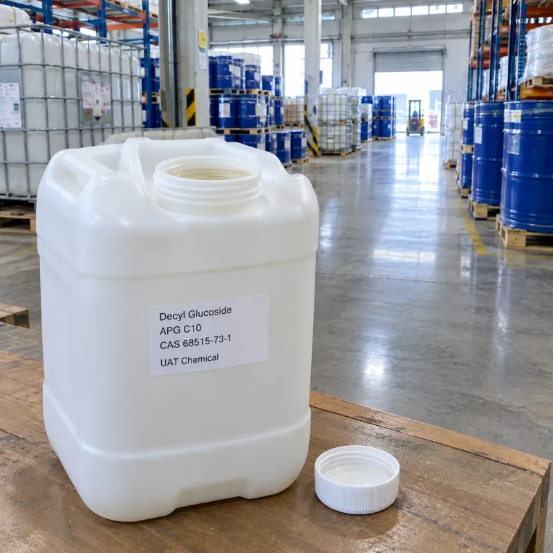 Decyl glucoside (APG C10, CAS 68515-73-1) liquid in an open white plastic canister with cap beside it on a table