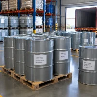 Galvanized steel drums of diethyl sulfate (CAS 64-67-5), 200 kg per drum, palletized in a warehouse