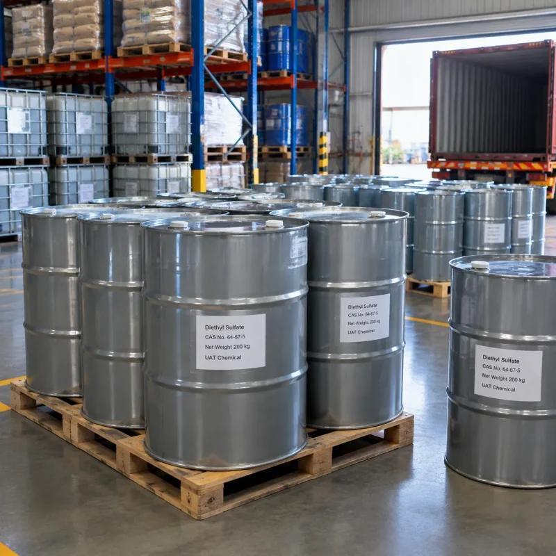 Galvanized steel drums of diethyl sulfate (CAS 64-67-5), 200 kg per drum, palletized in a warehouse
