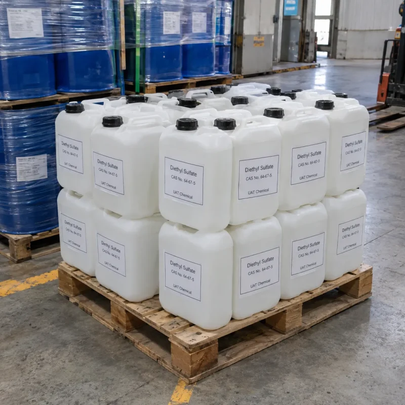 Stacked white plastic jerrycans of diethyl sulfate (CAS 64-67-5) on a wooden pallet