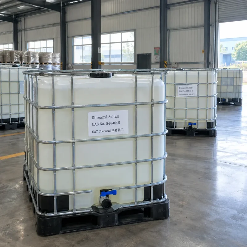 diisoamyl-sulfide-cas-544-02-5-ibc-tote-container White IBC tote tank of diisoamyl sulfide (CAS No. 544-02-5) with steel cage and bottom discharge valve in a warehouse