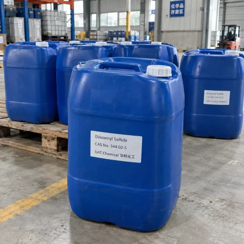Blue plastic jerrycan drums of diisoamyl sulfide (CAS 544-02-5) labeled UAT Chemical on pallets in a chemical warehouse