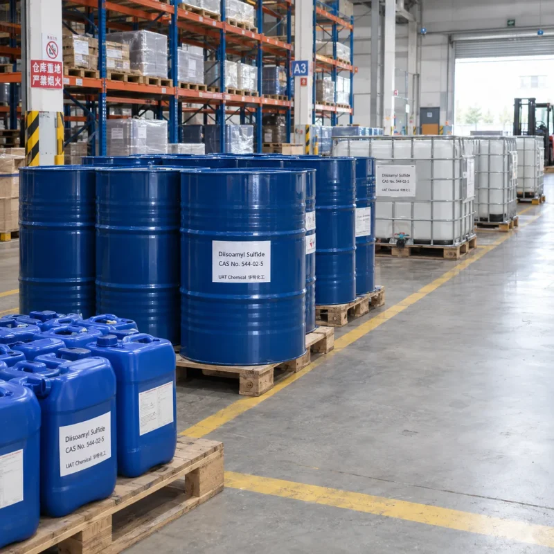 diisoamyl-sulfide-cas-544-02-5-steel-drums-ibc-storage Steel drums, plastic jerrycans and IBC totes of diisoamyl sulfide CAS 544-02-5 stored in the UAT Chemical warehouse