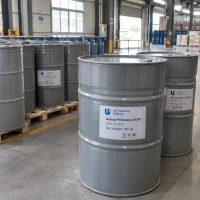 Dioctyl Phthalate (DOP) CAS 117-81-7 in 200 kg gray steel drums on pallets in warehouse