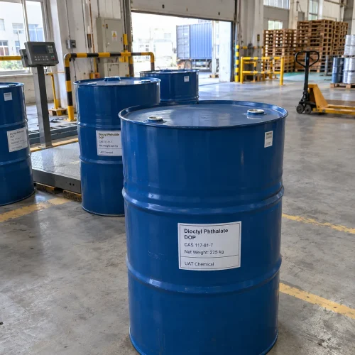 Dioctyl Phthalate (DOP) CAS 117-81-7 in 225 kg blue steel drums at weighing and loading area