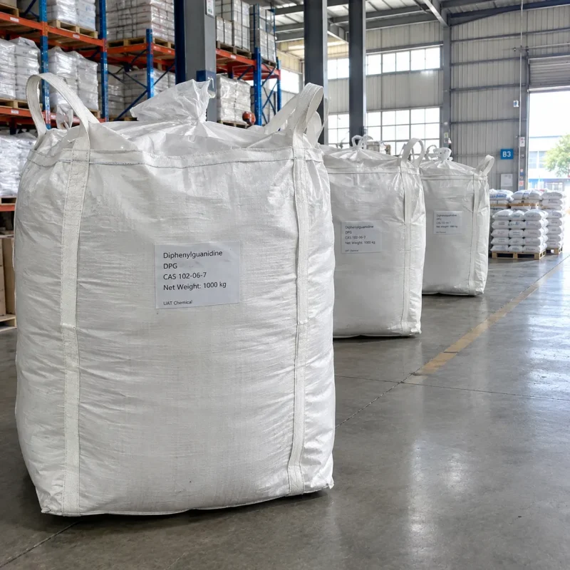 White FIBC bulk bags labeled Diphenylguanidine DPG CAS 102-06-7 with 1000 kg net weight in a warehouse with racks and bagged stock behind.