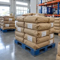 Stacked 20kg brown paper bags of Diphenylguanidine DPG CAS 102-06-7 on a blue plastic pallet in a warehouse with racks behind.
