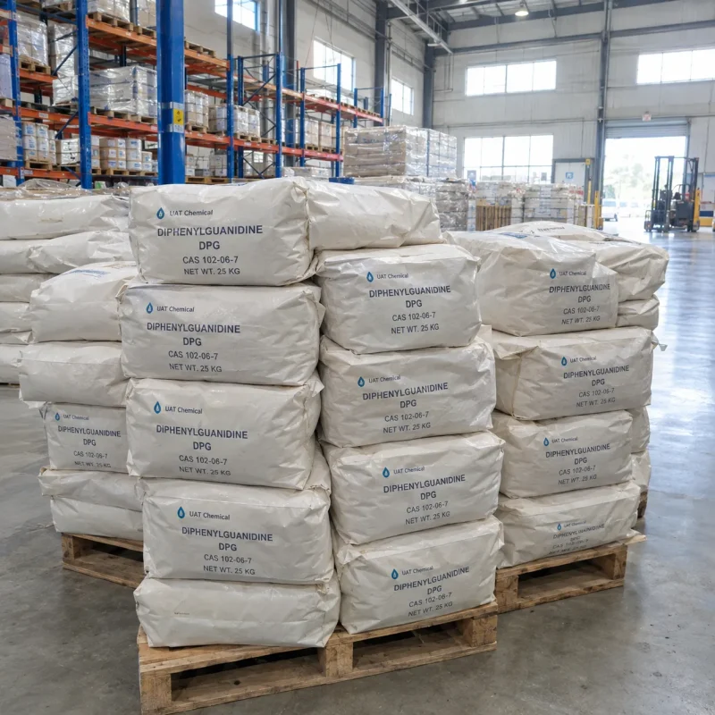 Stacked 25kg white bags of Diphenylguanidine DPG CAS 102-06-7 on wooden pallets in a warehouse with racks and a forklift in the background.