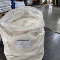 Open white bag showing white Diphenylguanidine DPG powder CAS 102-06-7 with a product label in a warehouse.