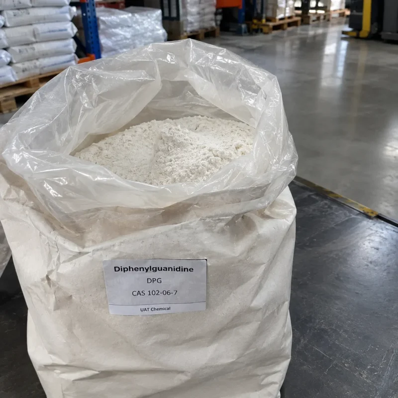Open white bag showing white Diphenylguanidine DPG powder CAS 102-06-7 with a product label in a warehouse.