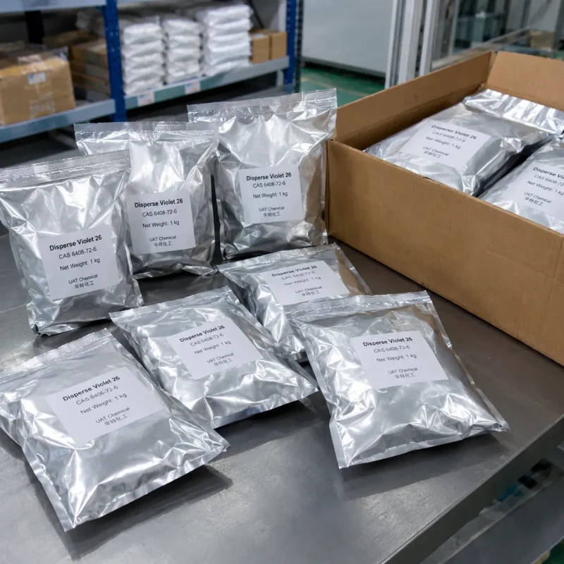 disperse-violet-26-cas-6408-72-6-1kg-aluminum-foil-bags-carton Disperse Violet 26 CAS 6408-72-6 in 1 kg aluminum foil bags with carton on steel table