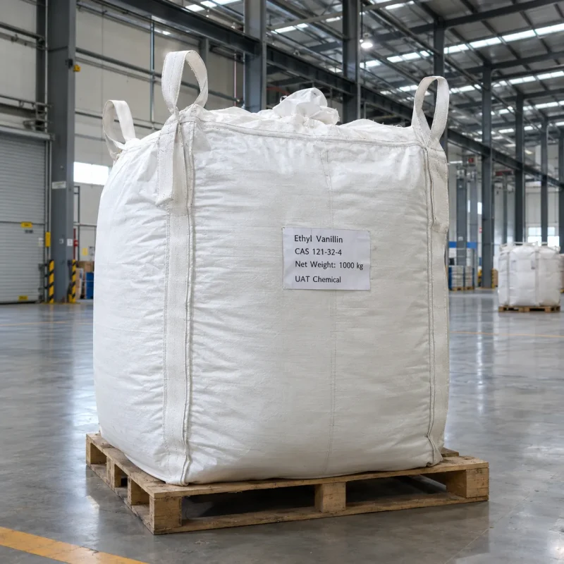Large white FIBC bag labeled Ethyl Vanillin CAS 121-32-4 with 1000 kg net weight on a wooden pallet.