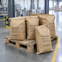 Stacked 25kg brown paper bags of Ethyl Vanillin CAS 121-32-4 on a wooden pallet in a factory.
