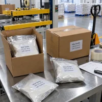 Transparent plastic bags containing white Ethyl Vanillin powder CAS 121-32-4 packed in cardboard boxes on a stainless steel table.