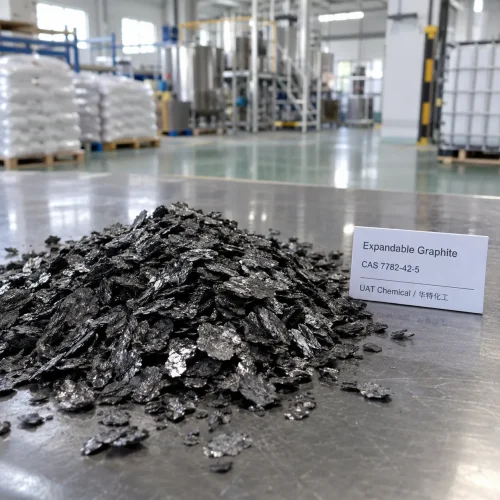 Pile of black Expandable Graphite flakes CAS 7782-42-5 on a stainless steel table with a product label in a factory.