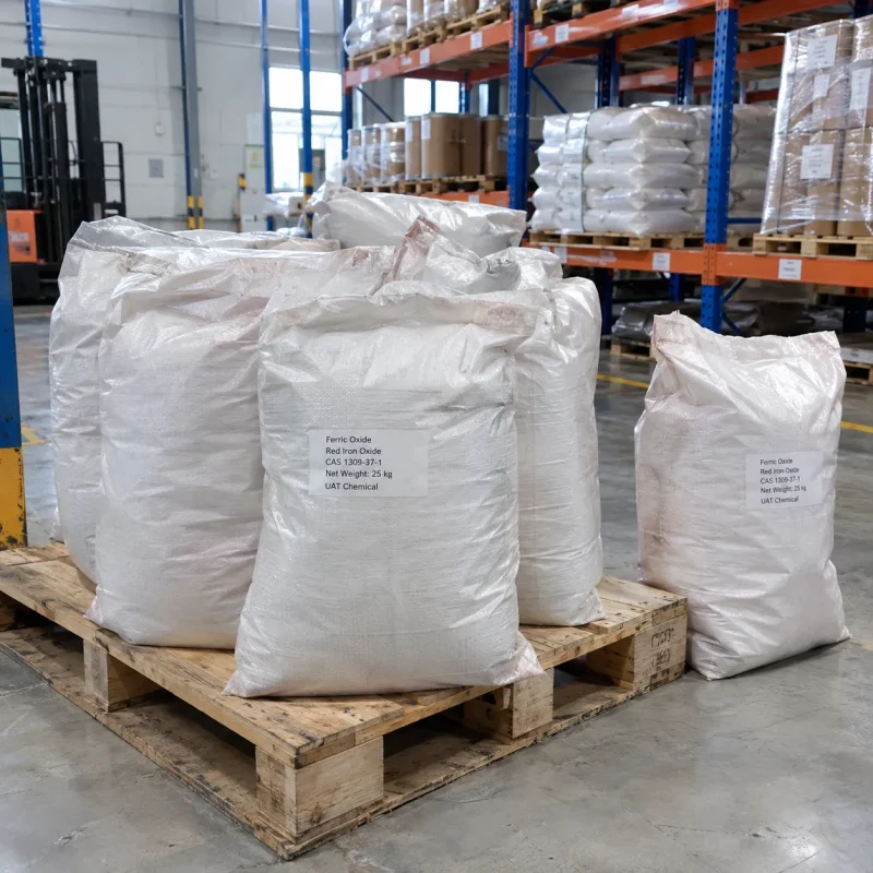 ferric-oxide-red-iron-oxide-cas-1309-37-1-25kg-woven-bags-pallet Stacked white 25kg bags of Ferric Oxide Red Iron Oxide CAS 1309-37-1 on a wooden pallet in a warehouse storage area.