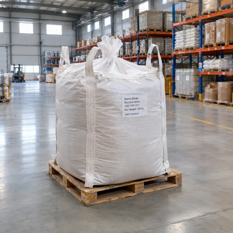 ferric-oxide-red-iron-oxide-cas-1309-37-1-500kg-fibc-bag-pallet Large white FIBC bag labeled Ferric Oxide Red Iron Oxide CAS 1309-37-1 with 500 kg net weight on a wooden pallet in a warehouse.