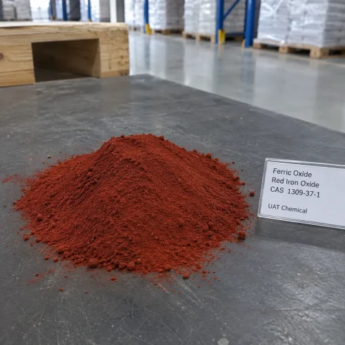 ferric-oxide-red-iron-oxide-cas-1309-37-1-red-powder-sample Pile of red Ferric Oxide powder CAS 1309-37-1 on a dark surface with a product label in a warehouse.