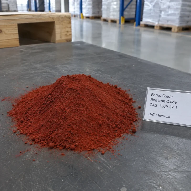 ferric-oxide-red-iron-oxide-cas-1309-37-1-red-powder-sample Pile of red Ferric Oxide powder CAS 1309-37-1 on a dark surface with a product label in a warehouse.