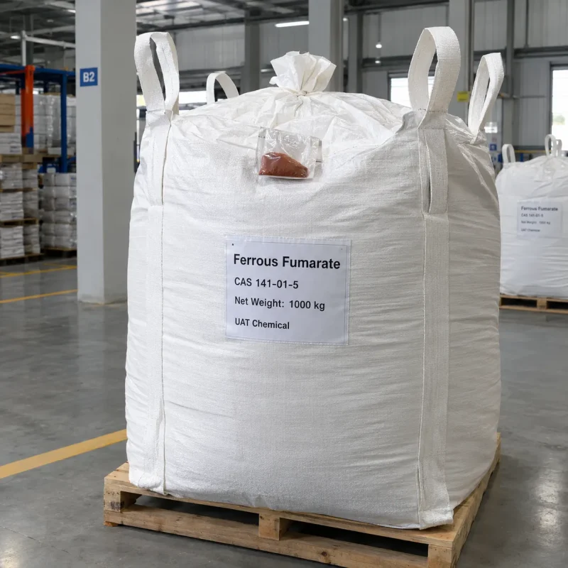 ferrous-fumarate-1000kg-bulk-bag-fibc-pallet Ferrous fumarate (CAS 141-01-5) in a 1000 kg white FIBC bulk bag with lifting loops on a wooden pallet