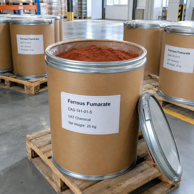 ferrous-fumarate-powder-open-fiber-drum Ferrous fumarate (CAS 141-01-5) red-brown powder in an open 25 kg fiber drum with the lid leaning beside it