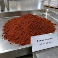 ferrous-fumarate-powder-stainless-tray-display Ferrous fumarate (CAS 141-01-5) red-brown powder pile in a stainless steel tray with a product sign card