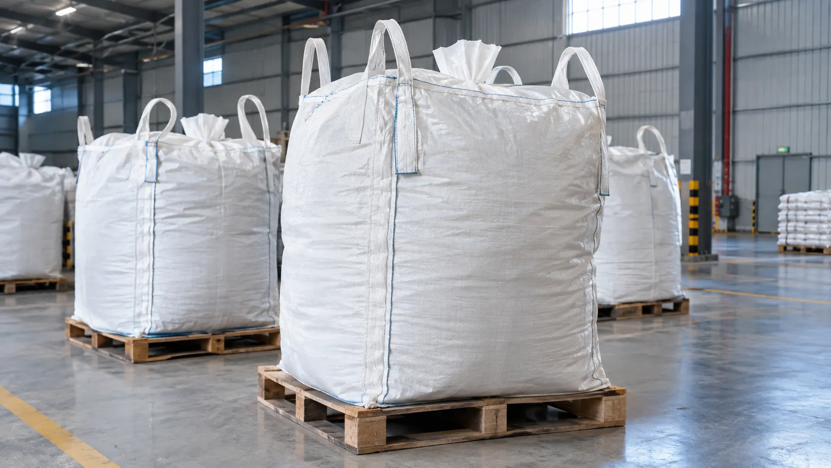 White woven FIBC super sacks with upright lift loops, filled with dry bulk chemical on warehouse pallets